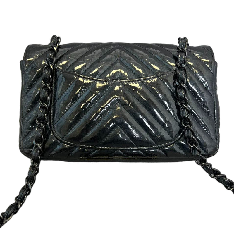 Rectangular Flap Mini Patent Metallic Calfskin Chevron Black BHW