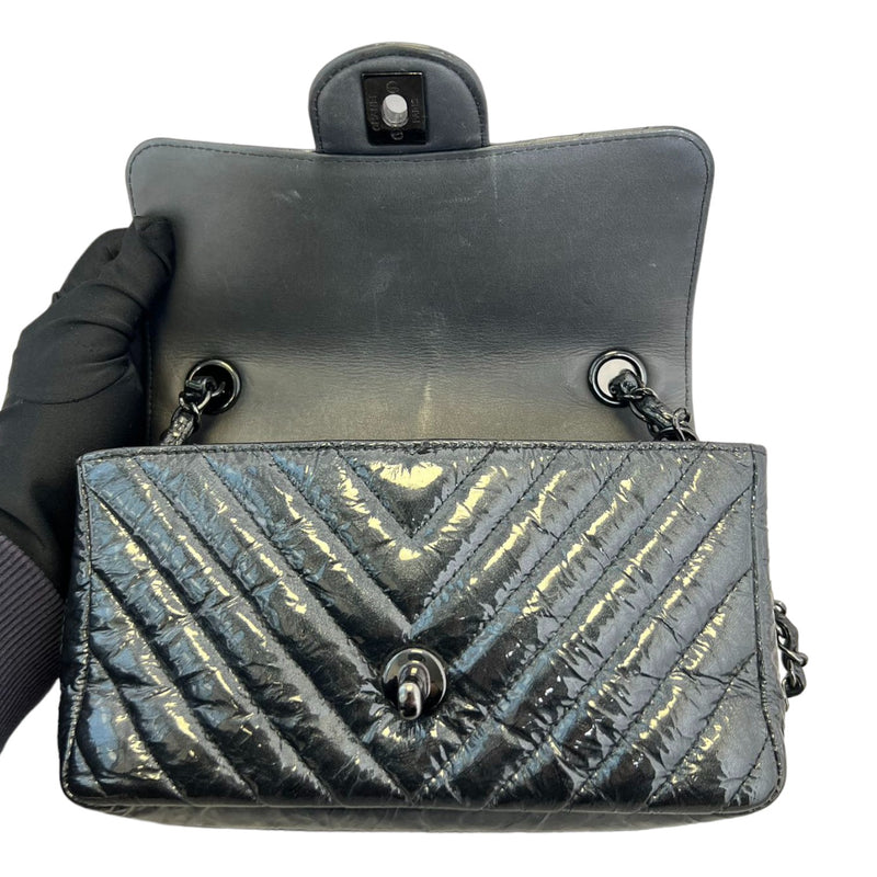 Rectangular Flap Mini Patent Metallic Calfskin Chevron Black BHW