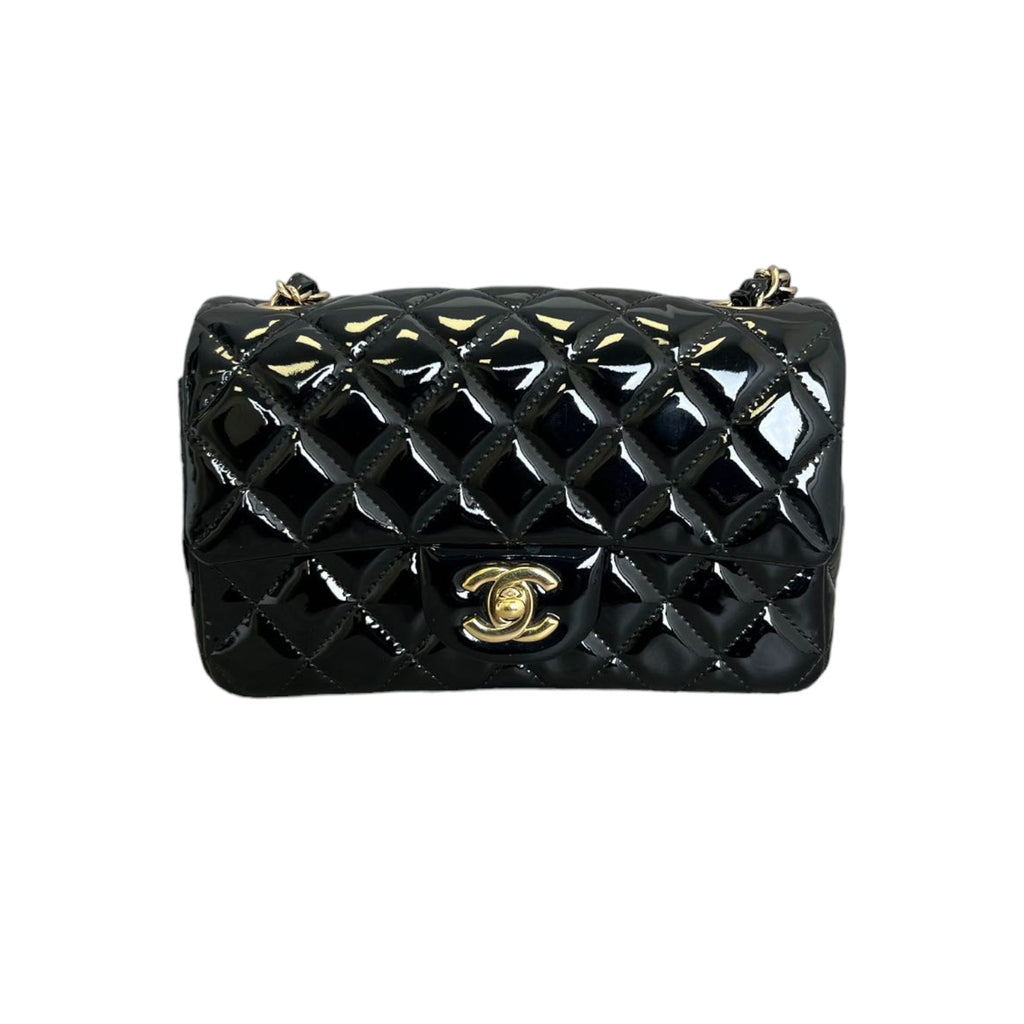 Rectangular Flap Mini Patent Calfskin Quilted Black GHW