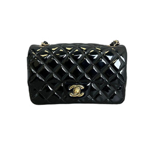 Rectangular Flap Mini Patent Calfskin Quilted Black GHW