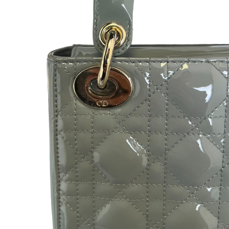 Mini Lady Dior Patent Cannage Stone Grey GHW