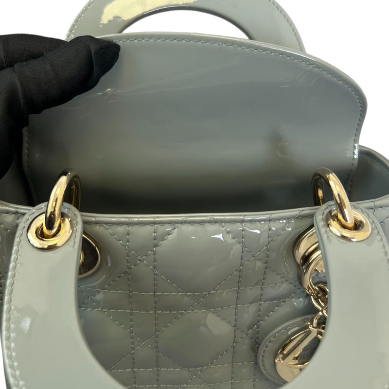 Mini Lady Dior Patent Cannage Stone Grey GHW