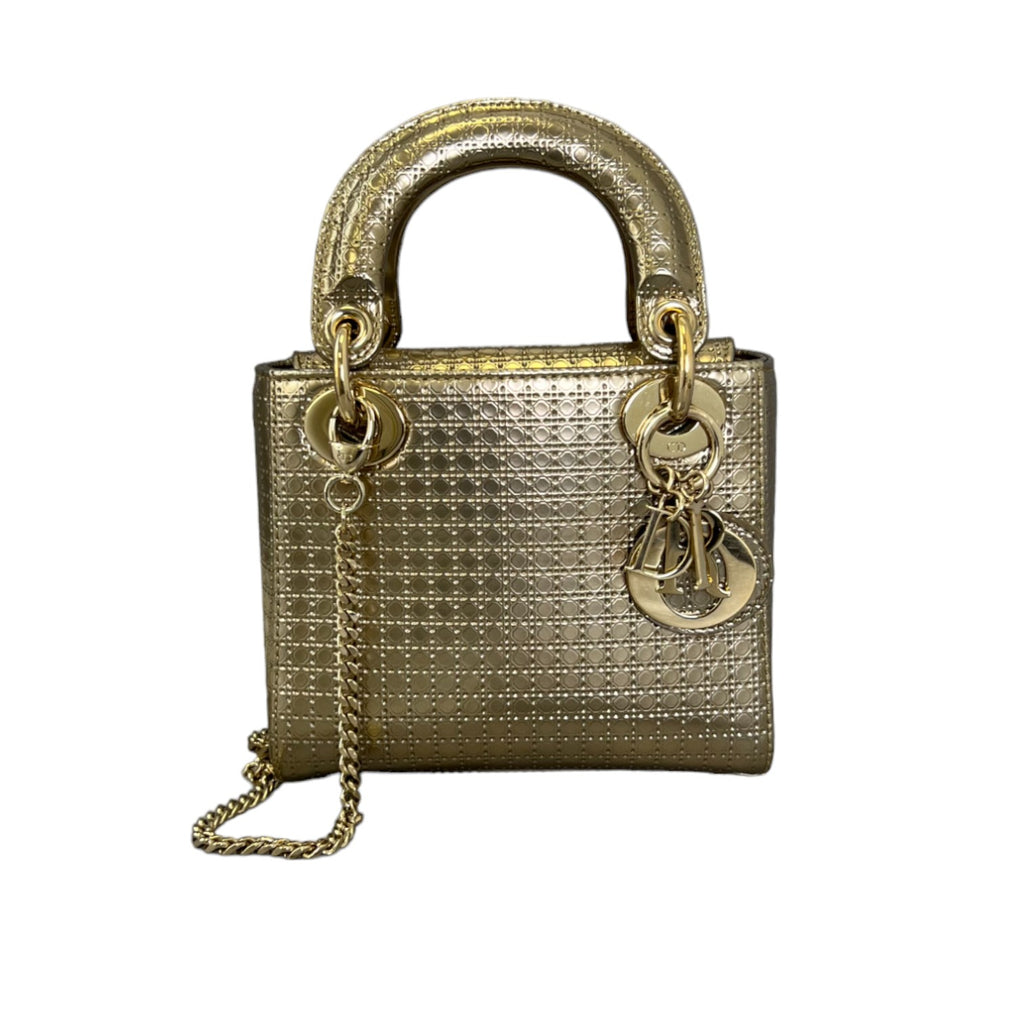 Chain Lady Dior Mini Metallic Patent Micro-Cannage Gold GHW