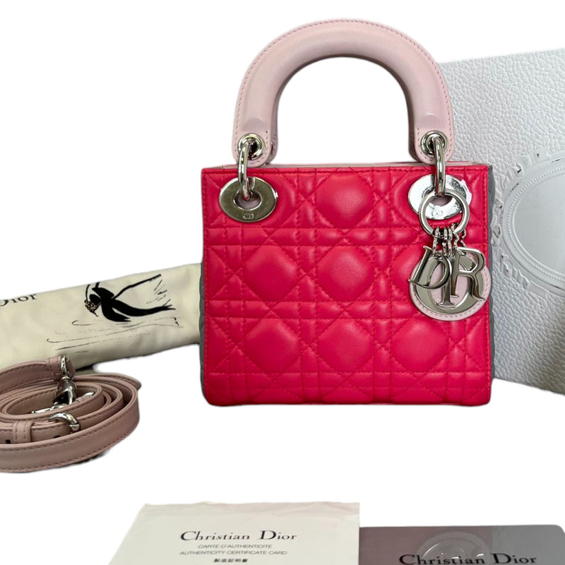 Tri-Color Lady Dior Mini Lambskin Dark Pink SHW