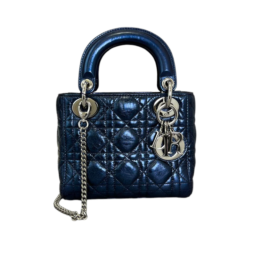 Lady Dior Mini Metallic Calfskin Dew Bleu SHW