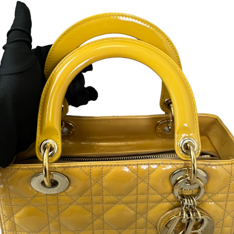 Lady Dior Medium Metallic Patent Yellow GHW