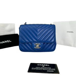 Square Flap Mini Caviar Chevron Quilted Blue SHW