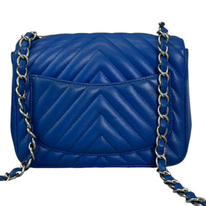 Square Flap Mini Caviar Chevron Quilted Blue SHW