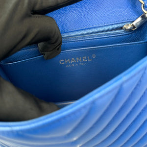 Square Flap Mini Caviar Chevron Quilted Blue SHW