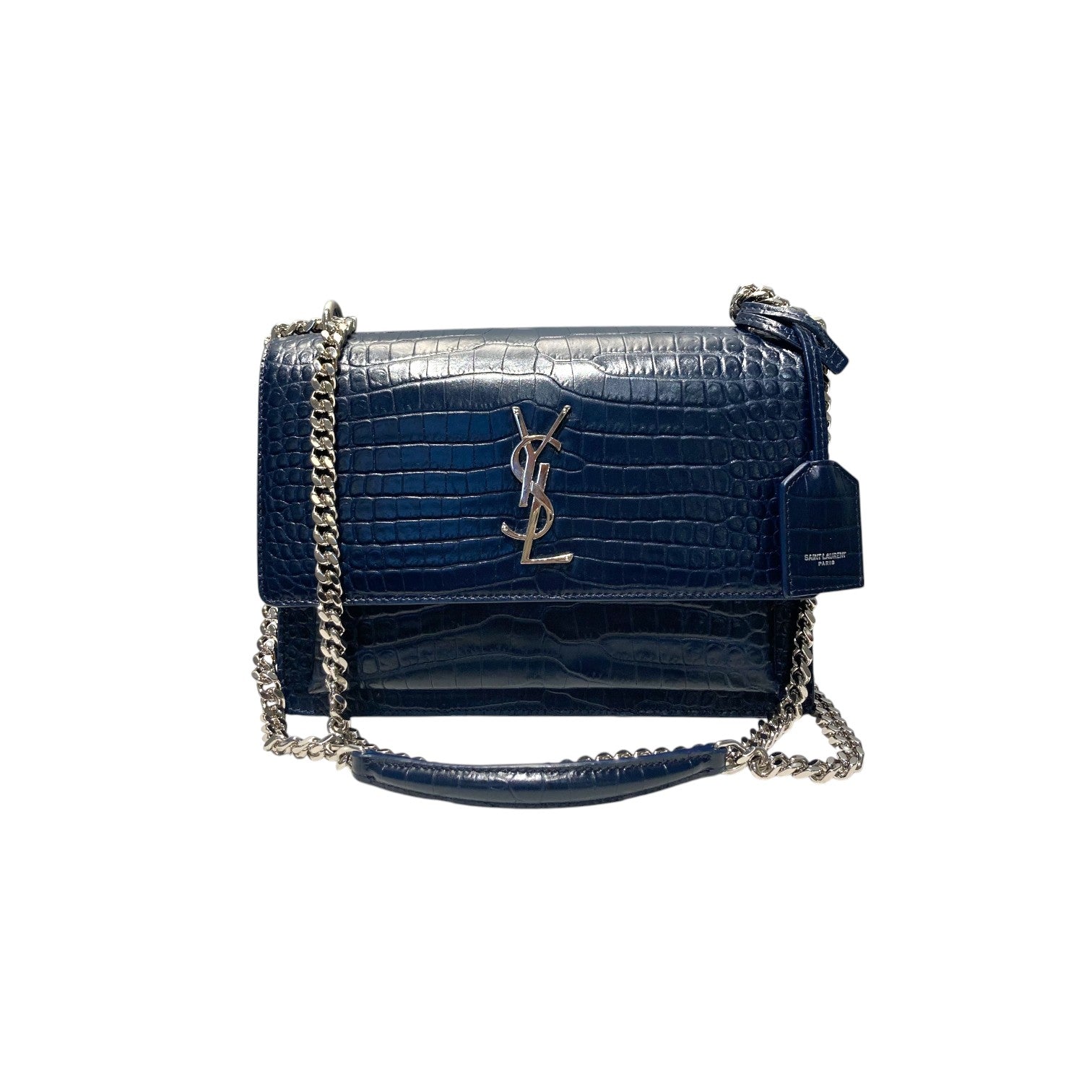 Saint Laurent Sunset Medium Calfskin Crocodile Embossed Blue SHW