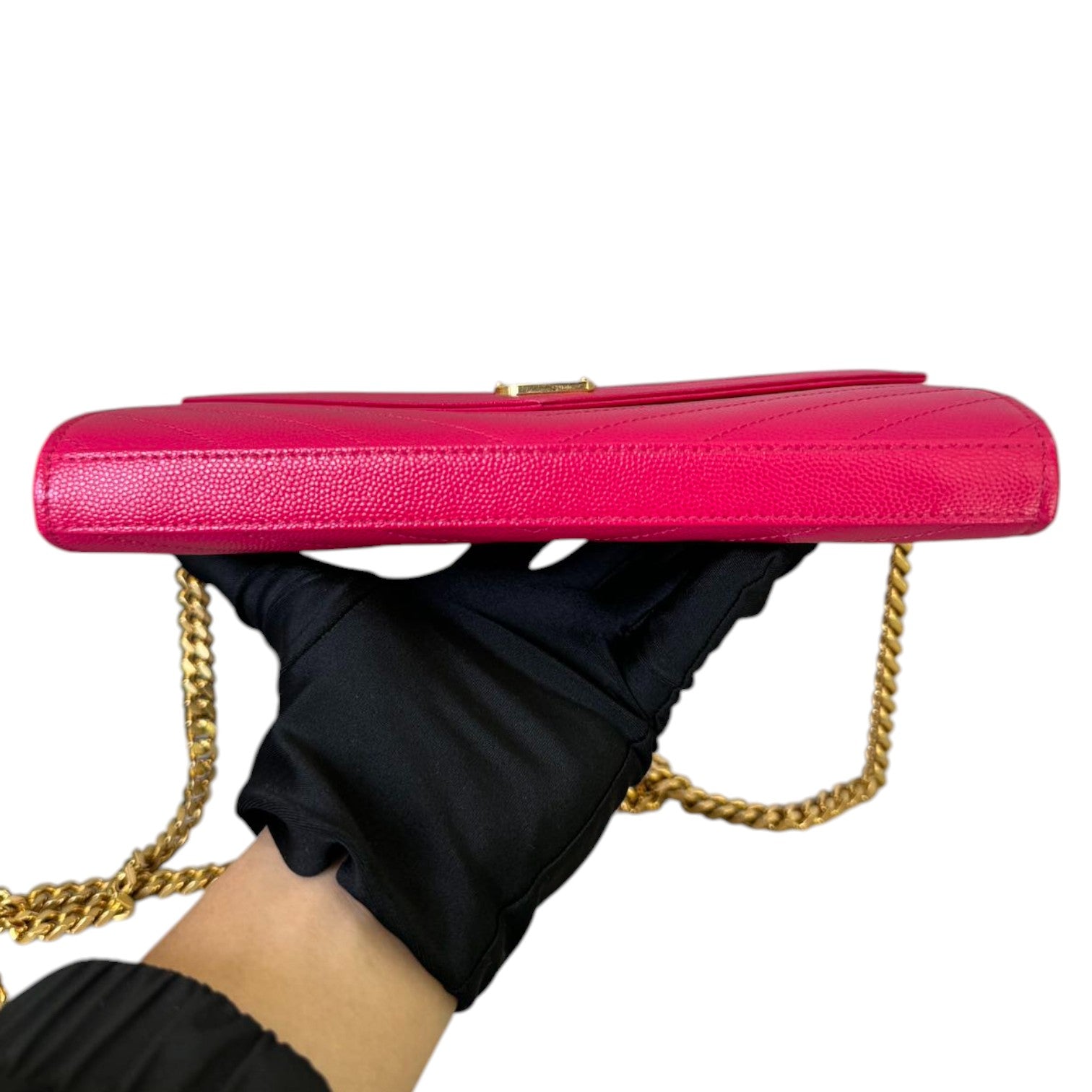 Saint Laurent Chain Wallet Grain De Poudre Matelasse Chevron