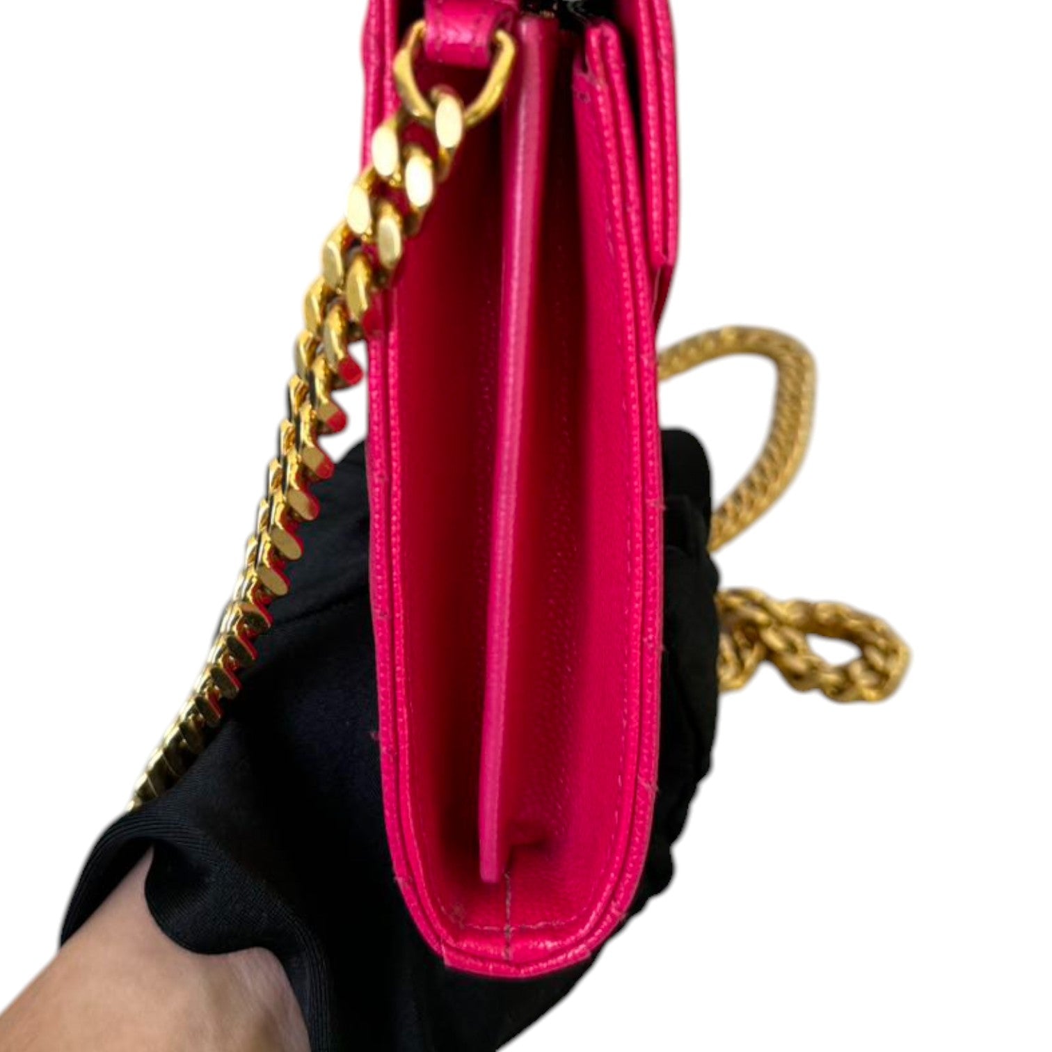 Saint Laurent Chain Wallet Grain De Poudre Matelasse Chevron