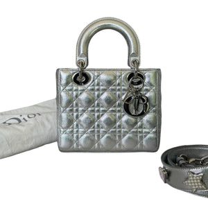 My Lady Dior Lucky Badges Small Metallic Grained Calfskin Silver SHW