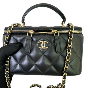 Top Handle Vanity Case with Chain Small Lambskin Black GHW