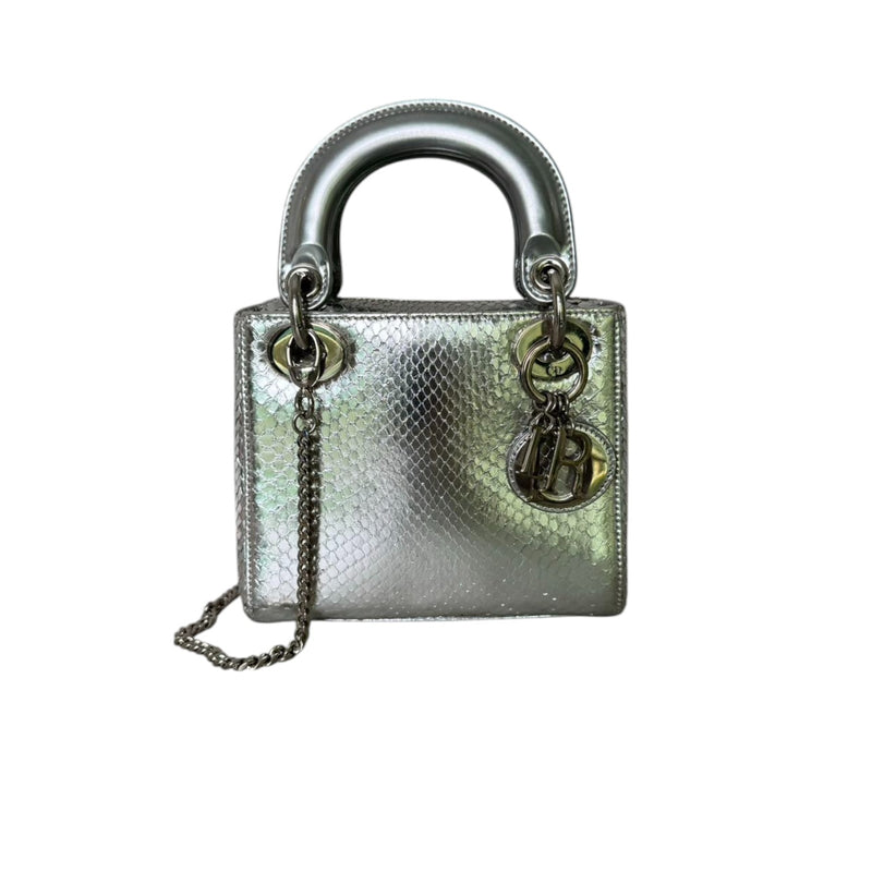 Lady Dior Mini Metallic Python Silver SHW