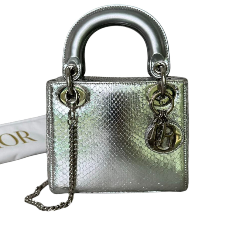 Lady Dior Mini Metallic Python Silver SHW