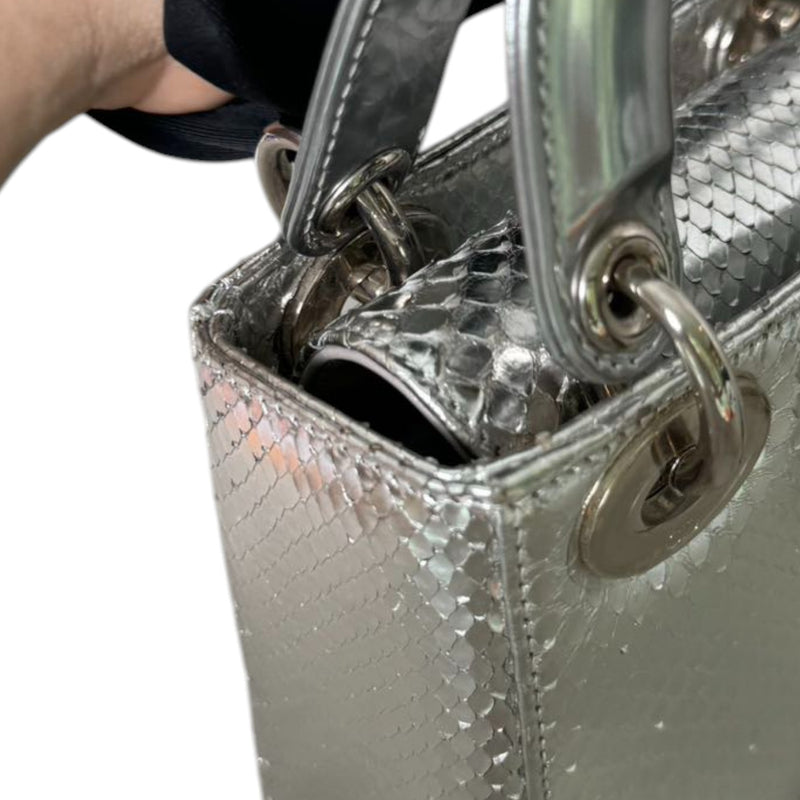 Lady Dior Mini Metallic Python Silver SHW