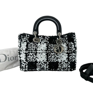Lady Dior Medium Lambskin Sequin Embellished Black White SHW