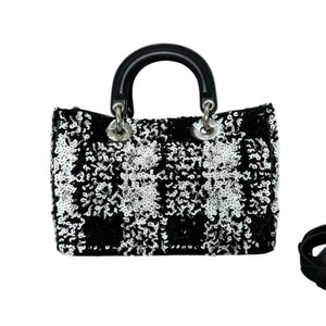 Lady Dior Medium Lambskin Sequin Embellished Black White SHW