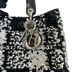 Lady Dior Medium Lambskin Sequin Embellished Black White SHW