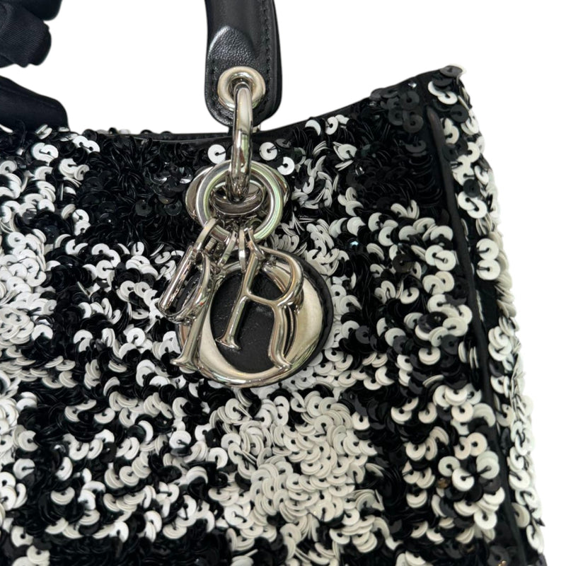 Lady Dior Medium Lambskin Sequin Embellished Black White SHW