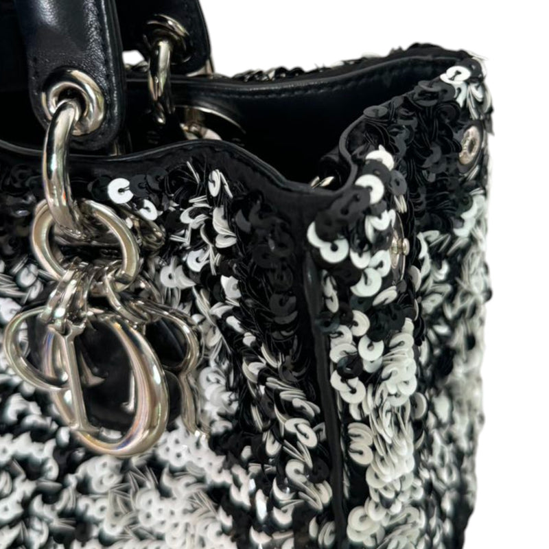Lady Dior Medium Lambskin Sequin Embellished Black White SHW