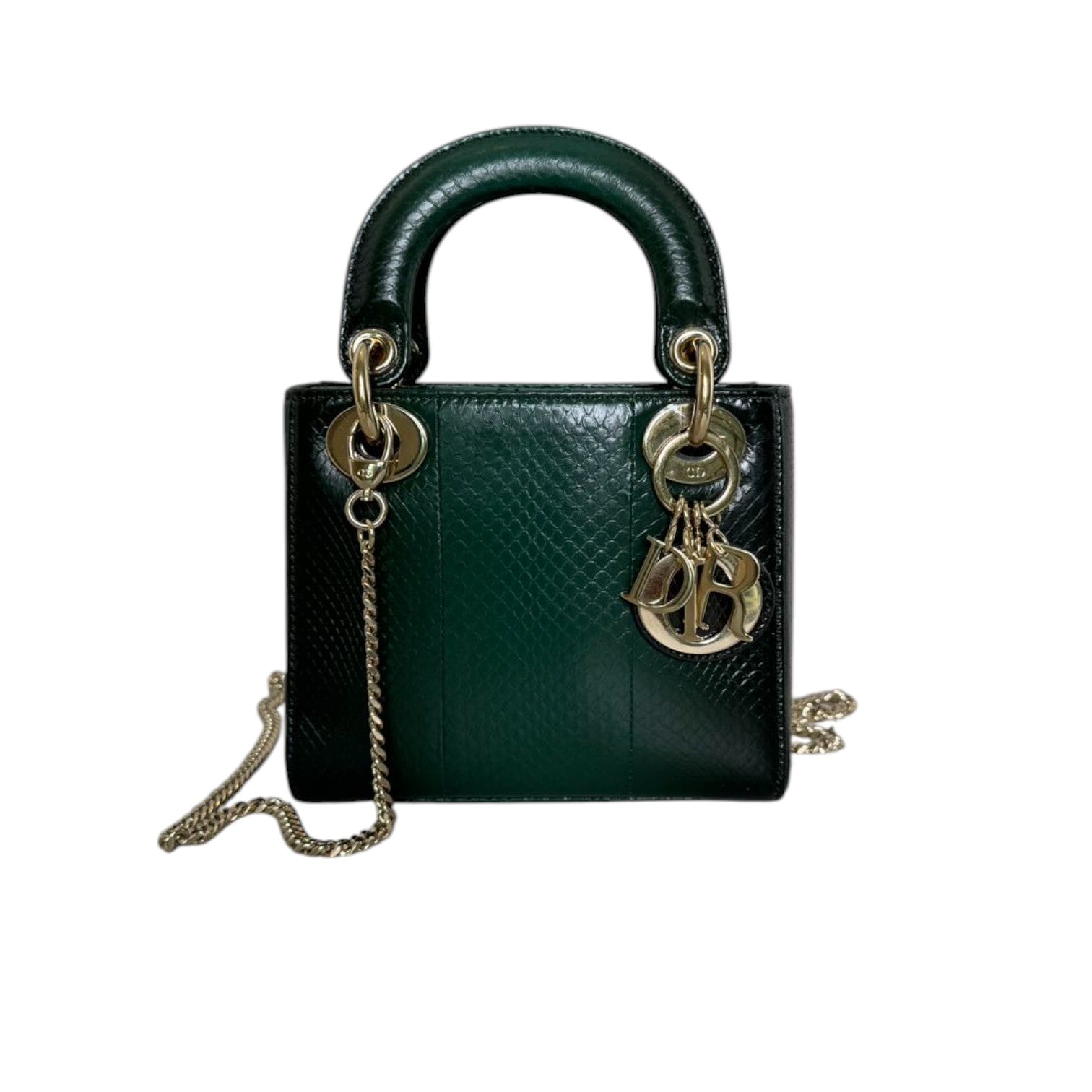 ダークグリーン キルティングレザーバッグ lady Dior Christian Dior Lady Dior Mini Python Quilted Forest Green GHW