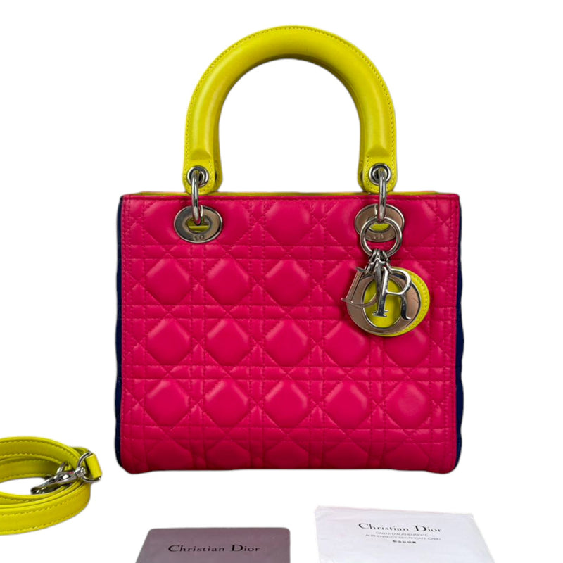 Lady Dior Tri-Color Medium Lambskin Yellow Navy Pink SHW