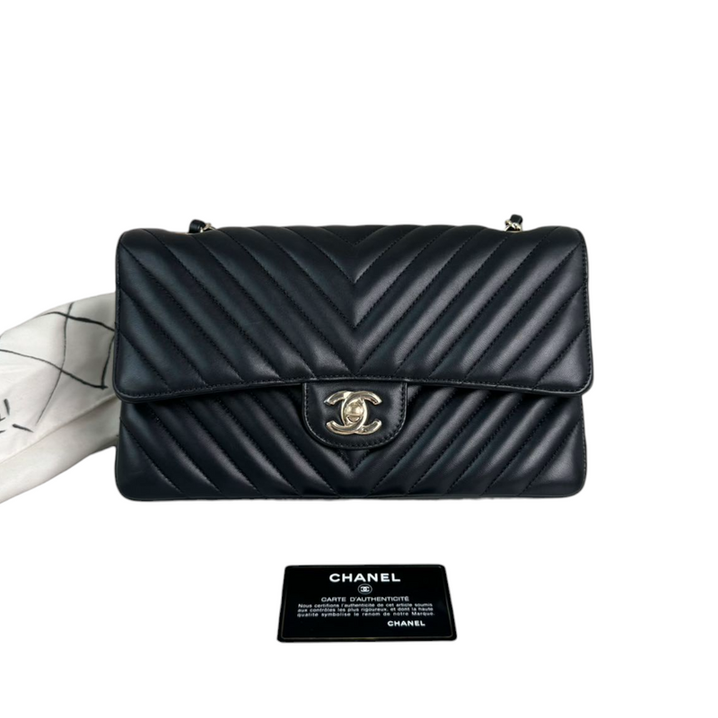 Double Flap Medium Lambskin Chevron Quilted Black LGHW