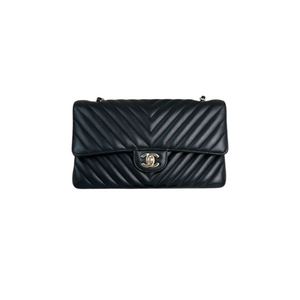 Double Flap Medium Lambskin Chevron Quilted Black LGHW
