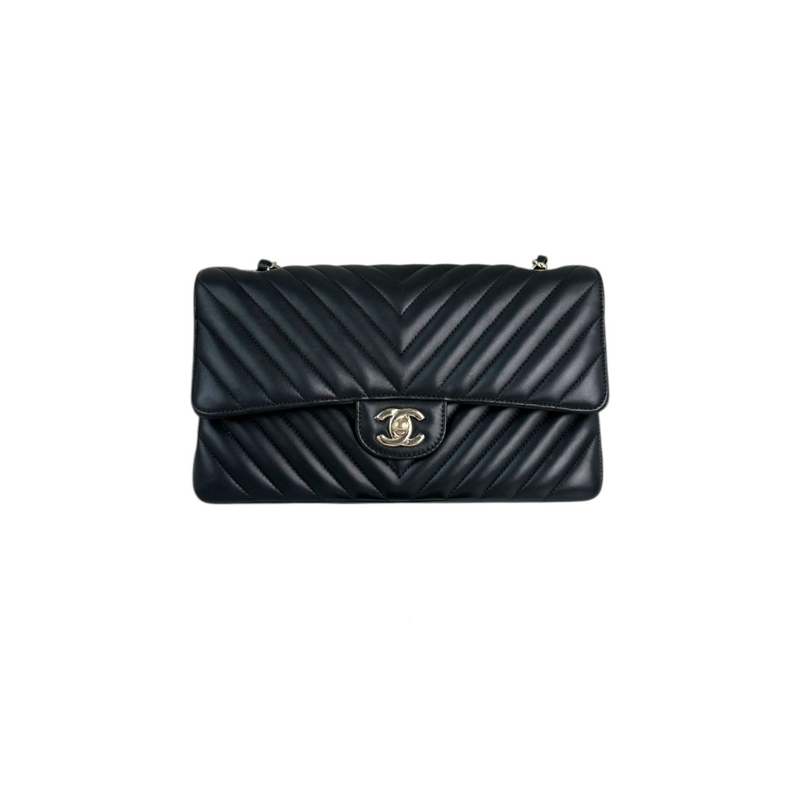 Double Flap Medium Lambskin Chevron Quilted Black LGHW