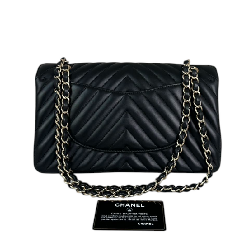 Double Flap Medium Lambskin Chevron Quilted Black LGHW