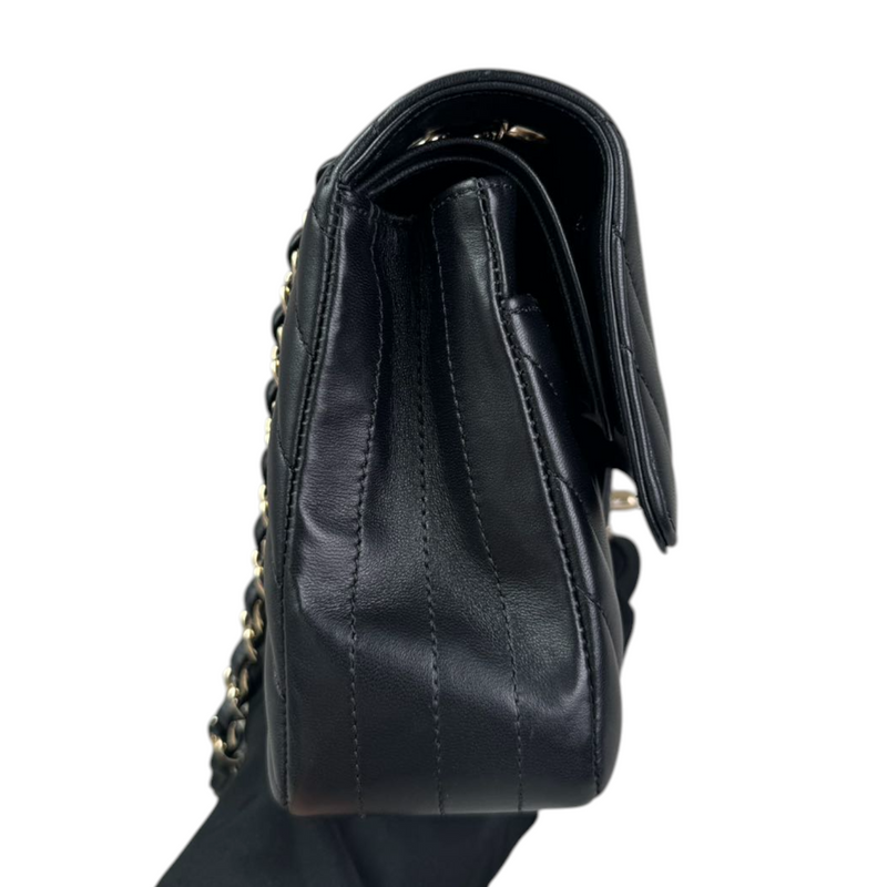 Double Flap Medium Lambskin Chevron Quilted Black LGHW
