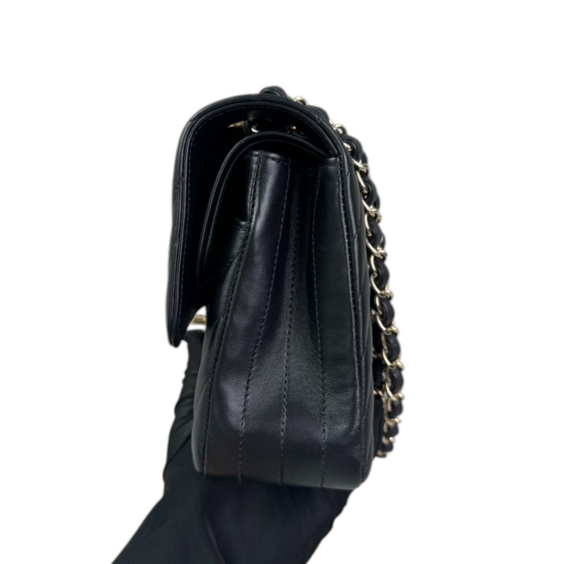 Double Flap Medium Lambskin Chevron Quilted Black LGHW