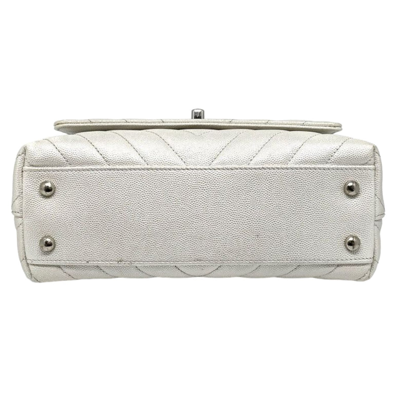 Coco Handle Flap Mini Caviar Chevron Quilted White SHW