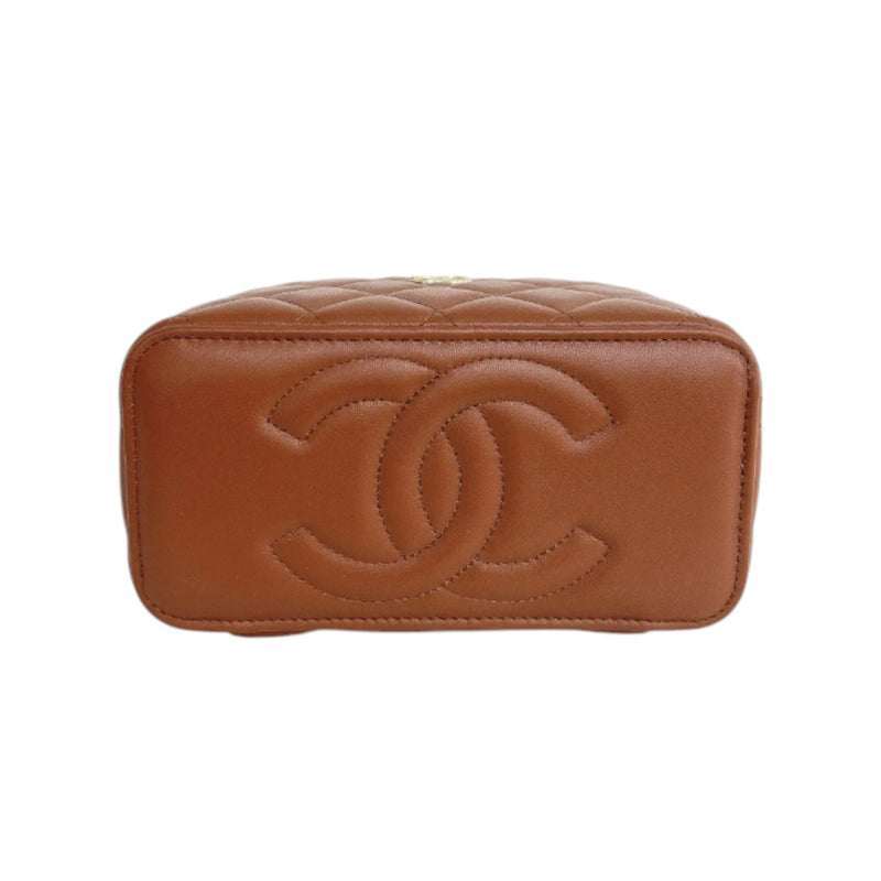 Top Handle Vanity Case With Chain Small Lambskin Brown GHW