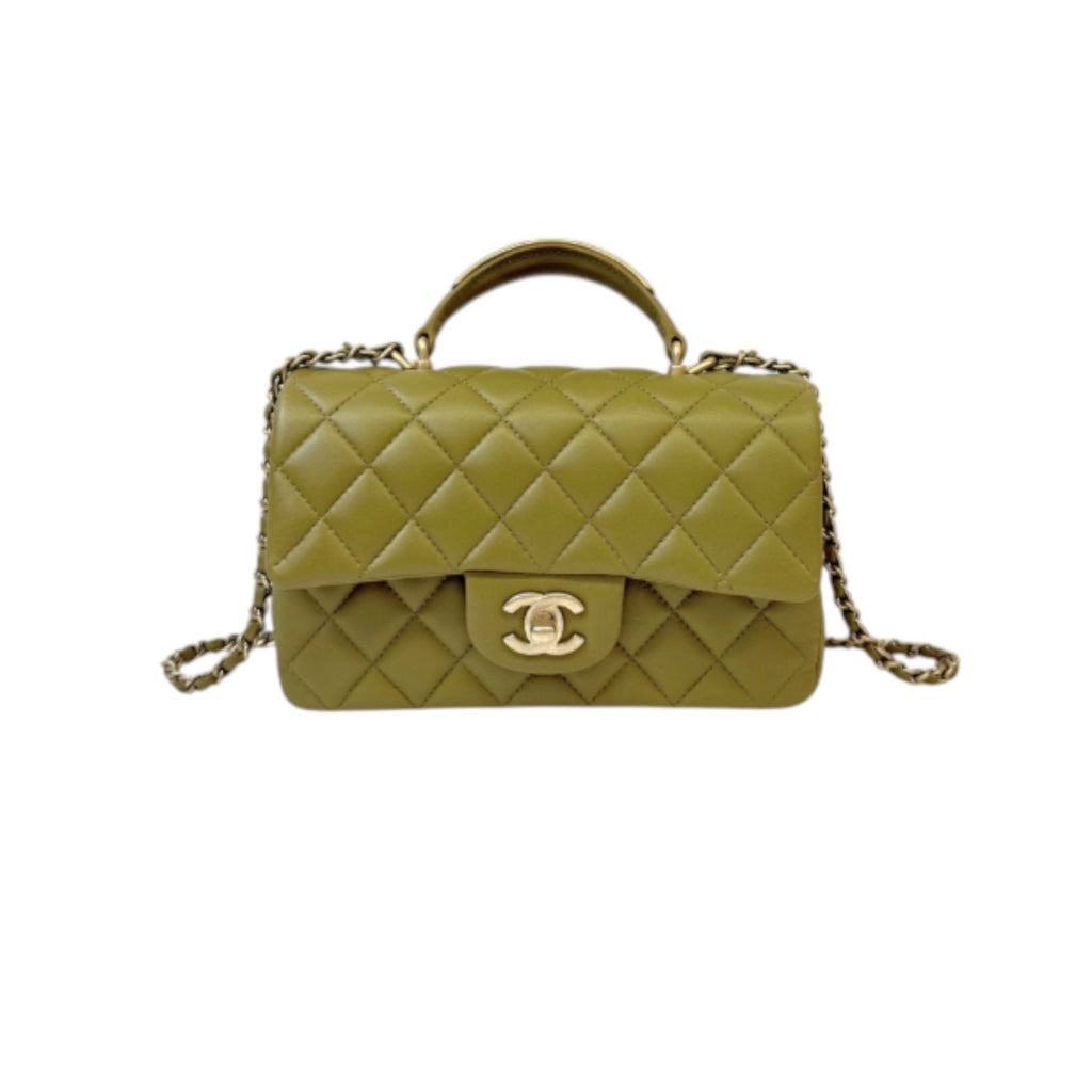 Top Handle Flap Mini Lambskin Quilted Olive Green GHW
