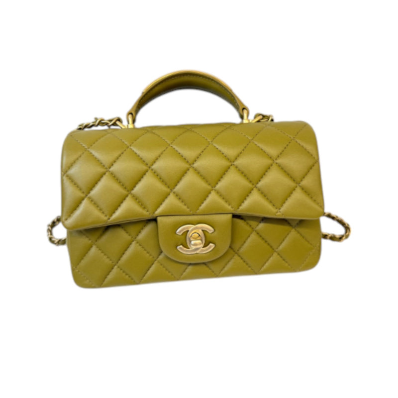 Top Handle Flap Mini Lambskin Quilted Olive Green GHW