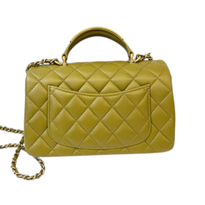 Top Handle Flap Mini Lambskin Quilted Olive Green GHW