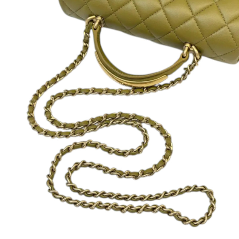 Top Handle Flap Mini Lambskin Quilted Olive Green GHW