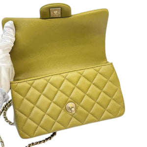 Top Handle Flap Mini Lambskin Quilted Olive Green GHW