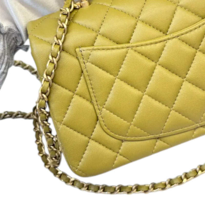 Top Handle Flap Mini Lambskin Quilted Olive Green GHW