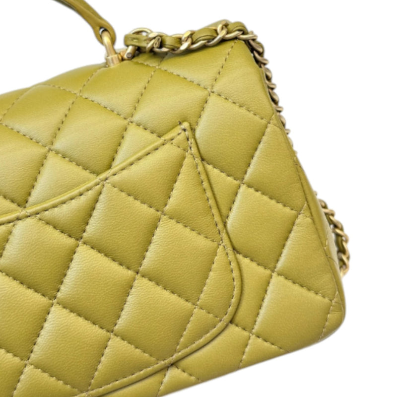 Top Handle Flap Mini Lambskin Quilted Olive Green GHW