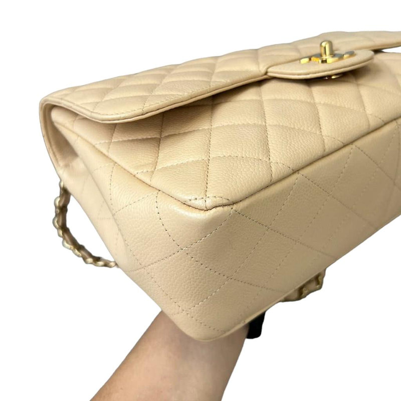 Jumbo Caviar Single Flap Beige GHW