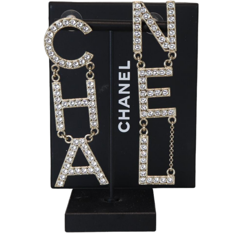 Chanel logo crystal letter dangle drop earrings