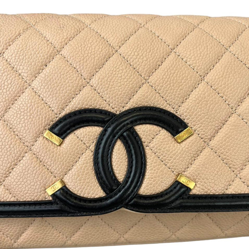 Caviar Quilted CC Filigree Flap in Beige and Black GHW