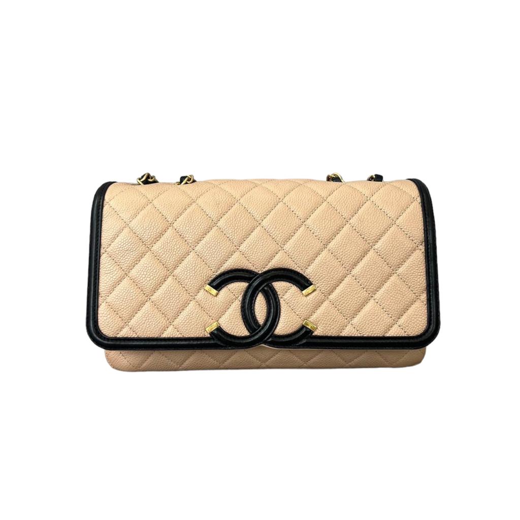 Caviar Quilted CC Filigree Flap in Beige and Black GHW