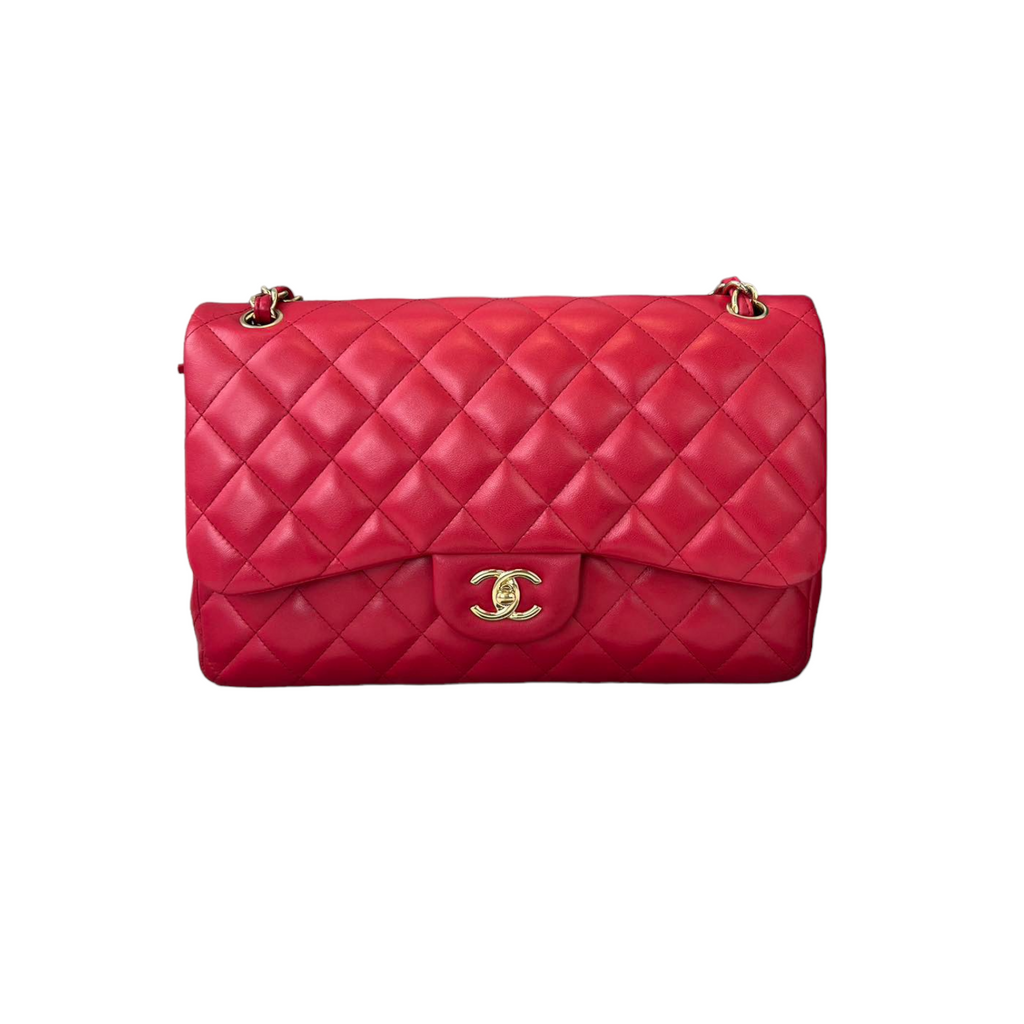 Jumbo Classic Flap Red Lambskin Quilted GHW