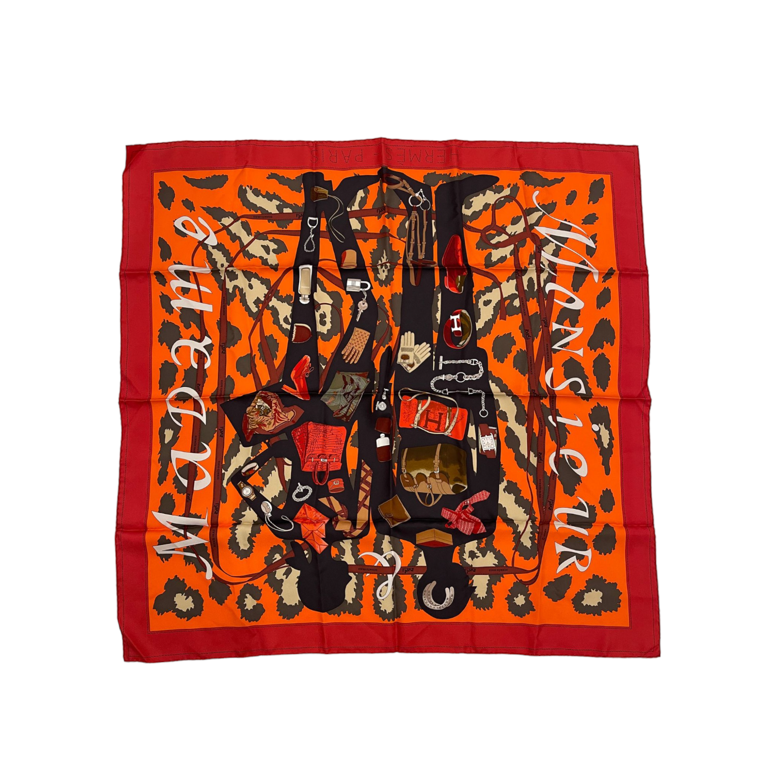 Hermes Silk Monsieur Et Madame Scarf 90 Rouge Orange Kaki – Bag