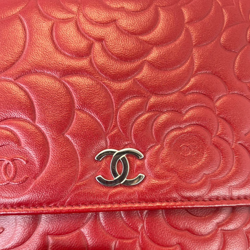 Chanel Camellia Embossed Wallet On Chain WOC Red Lambskin Silver Hardw –  Coco Approved Studio